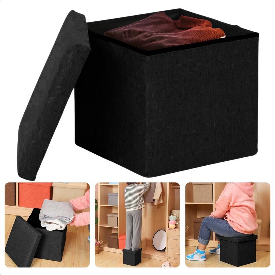 Cheqo Opvouwbare Poef Met Opbergruimte Zwart Opbergbox Organizer Voetenbankje Hocker MDF en Katoen Inclusief EBOOK