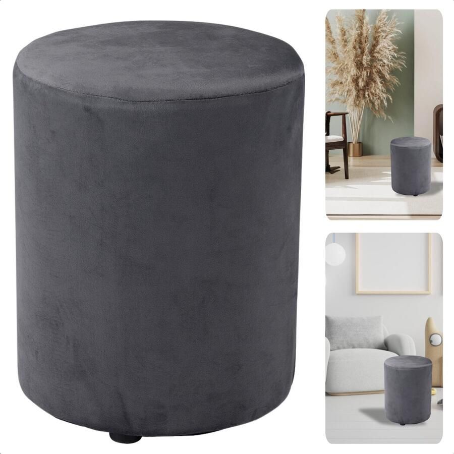Cheqo Poef Fluweel Grijs Poefje Bijzettafel Voetenbankje Stijlvolle Zitmeubel Compact Design Modern Interieur Inclusief EBOOK
