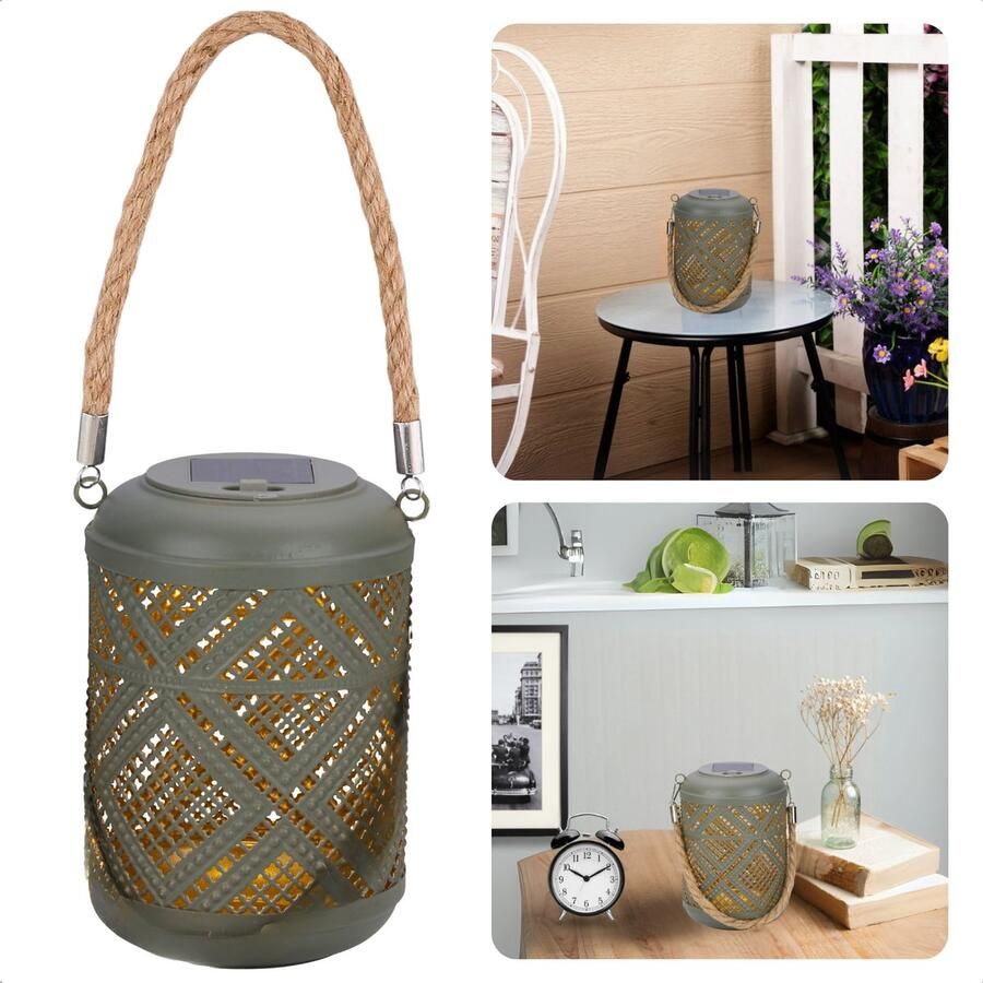 Cheqo Solar Lantaarn Grijze Decoratieve Buitenlamp Tuinverlichting Zonneenergie Tuinlantaarn Tafellamp Hanglamp Weerbestendig Inclusief EBOOK