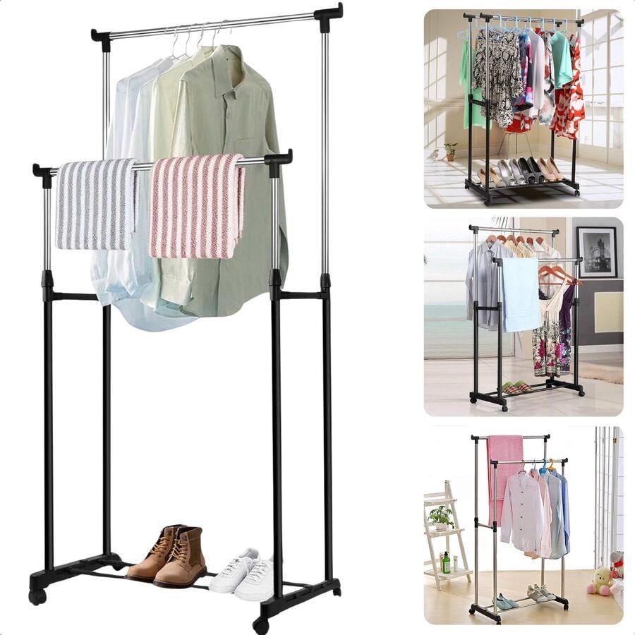 Cheqo Verstelbaar Kledingrek Garderoberek Kledingkast Kleding Rek Dubbele Stangen Verrijdbaar Staal Met Schoenenrek Inclusief EBOOK