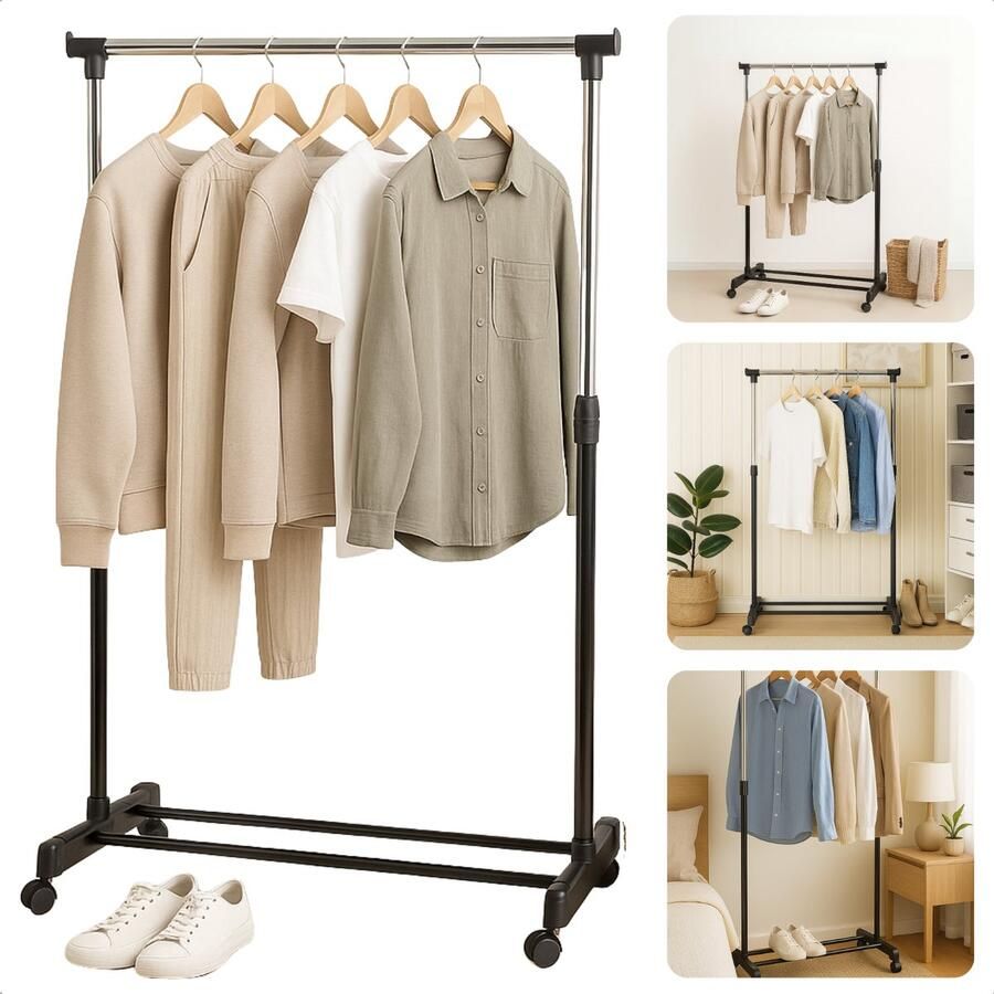 Cheqo Verstelbaar Kledingrek op Wielen Verrijdbaar Kleding Rek Kledingstandaard Garderobe Rek Garderoberek Mobiel en Ruimtebesparend RVS