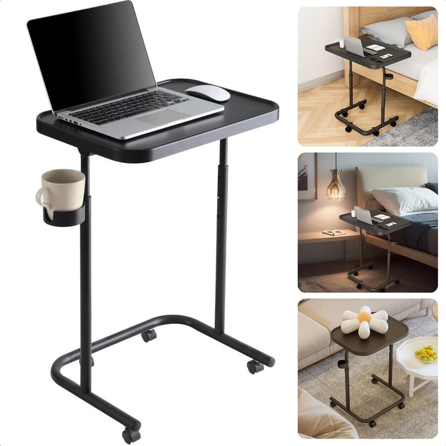 Cheqo Verstelbare Bijzettafel Op Wieltjes Banktafel Koffietafel Sidetable Laptoptafel Laptop Tafel Bijzet Tafel Zwart MDF Kantelbaar Inclusief EBOOK