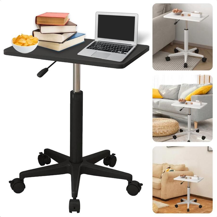Cheqo Verstelbare Bijzettafel op Wieltjes Nachtkastje Bedtafel Tafelt Banktafel Laptoptafel Bijzet Tafel Wielen MDF Zwart Inclusief EBOOK