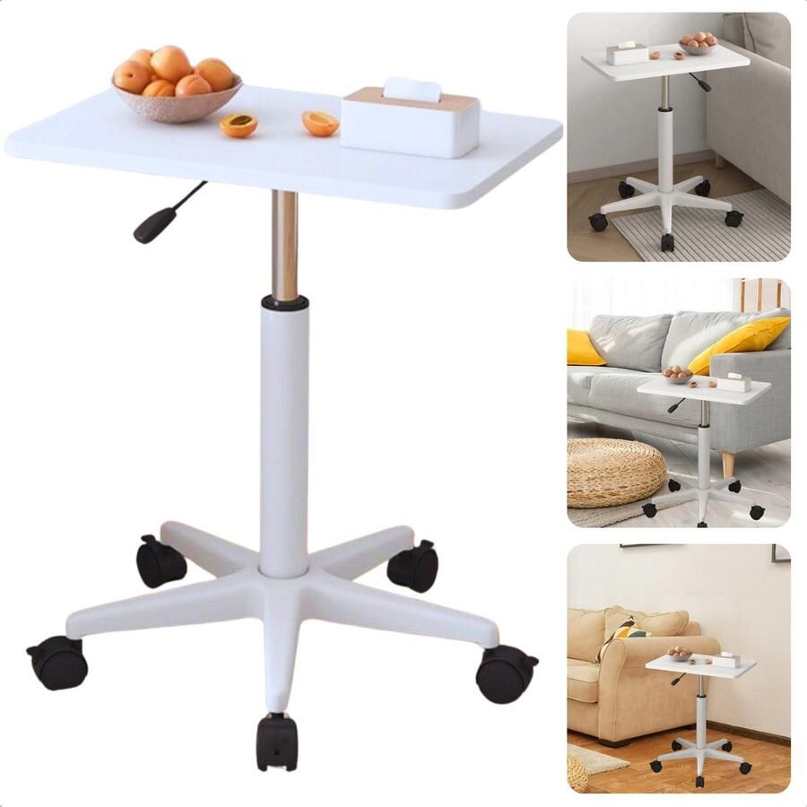 Cheqo Verstelbare Bijzettafel op Wieltjes Nachtkastje Bedtafel Tafelt Banktafel Laptoptafel Bijzet Tafel Wielen MDF Wit Inclusief EBOOK