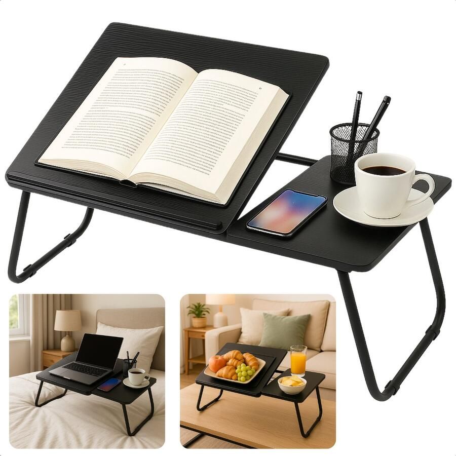 Cheqo Verstelbare Laptoptafel Laptopstandaard Laptop Tafel Opklapbare Bedtafel MDF Banktafel Anti-slip Ontbijttafel Ontbijt op Bed Tafel Metaal Zwart
