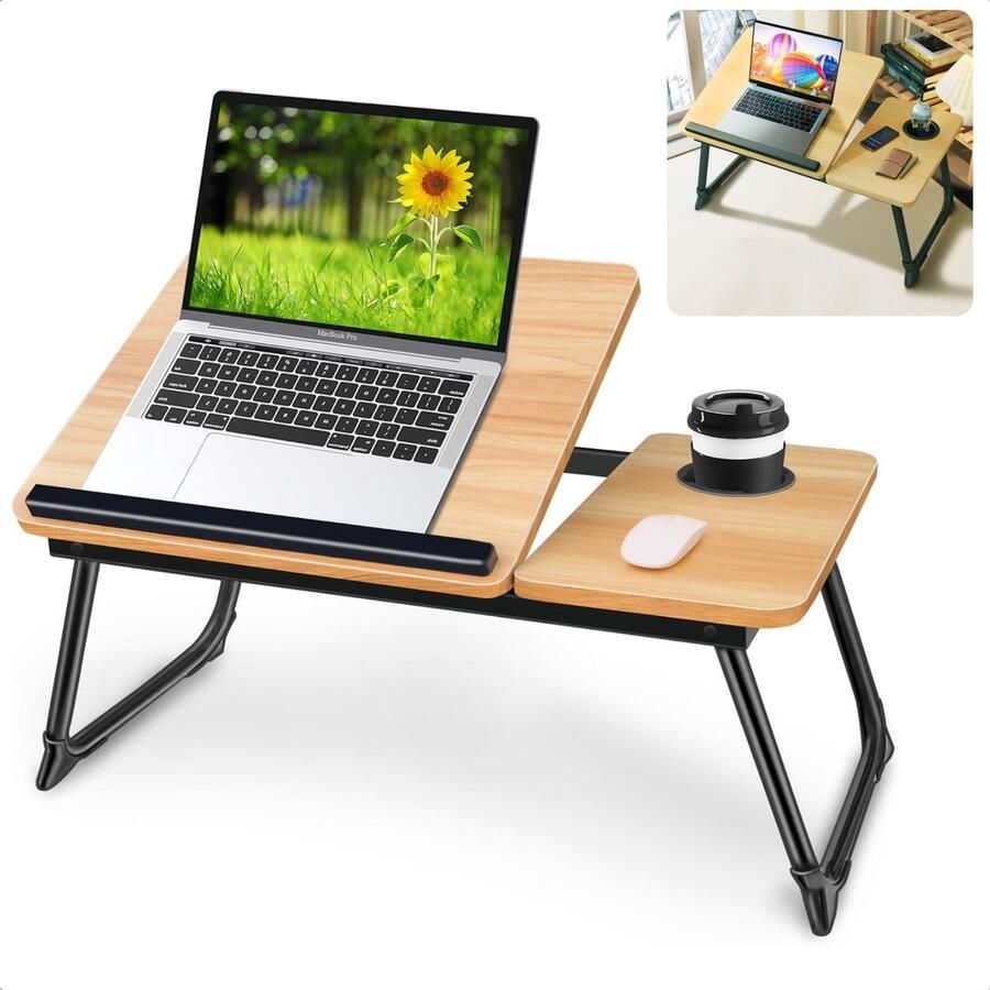 Cheqo Verstelbare Laptoptafel Ontbijt op Bed Tafel Ontbijttafel Laptopstandaard Schoottafel Opklapbare Bedtafel met Bekerhouder MDF Walnoot