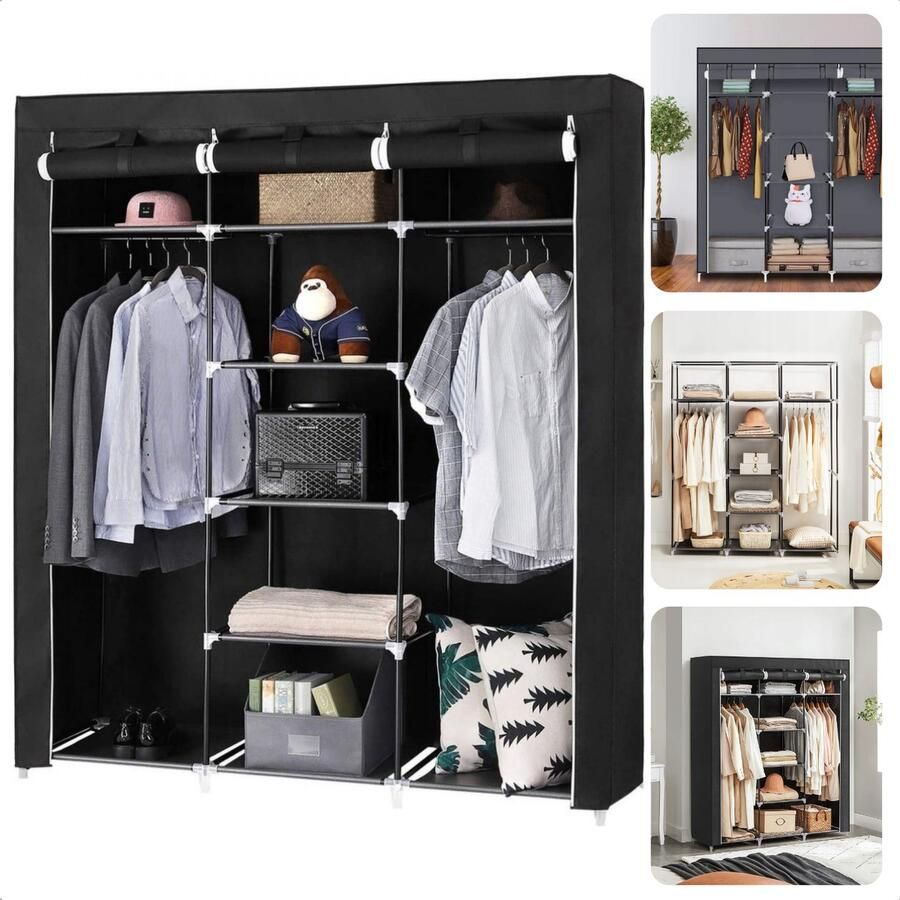 Cheqo XXL Kledingkast Opvouwbare Garderobekast Campingkast Slaapkamer Kast Kleerkast Zwart Metalen Frame Inclusief EBOOK