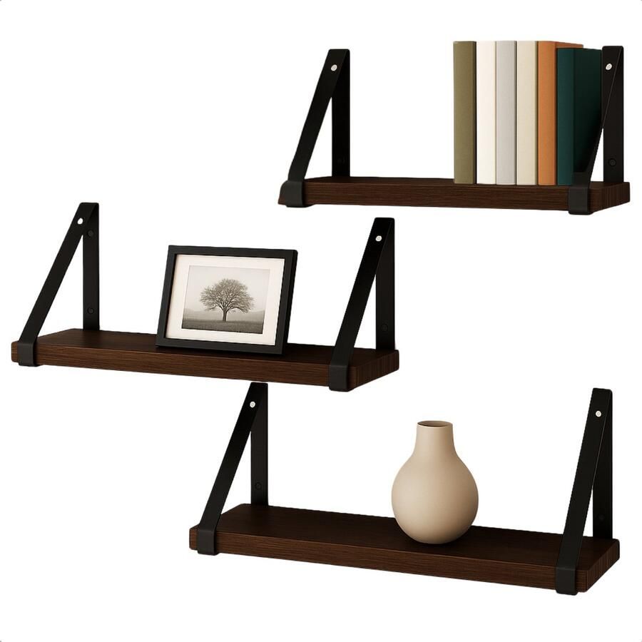 Cheqo Zwevende Wandplank Set Industrieel Zwevend Wandplank Wandrek Boekenplank Boekenrek Vintage Hout Metalen Beugels Muurdecoratie