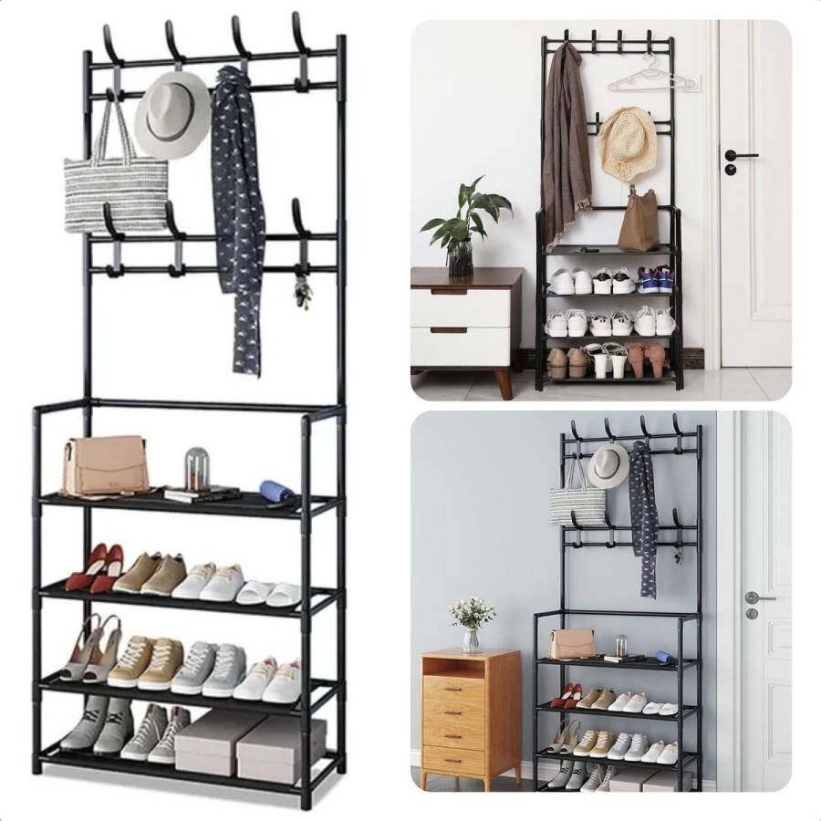 Cheqo Compact Kledingrek met Opbergruimte Ideaal voor Gang of Slaapkamer 60 x 26 x H155 cm Lichtgewicht Design Metaal Polyester Schoenenrek Kapstok Kledingkast Multifunctioneel Stijlvol Design 8 Haken 4 Plankjes