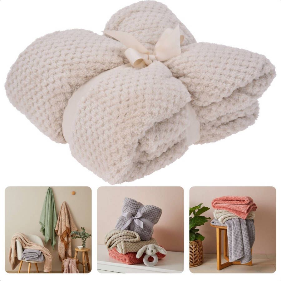 Cheqo Fleece Deken Fleece Plaid Dekentje 130x170cm Voor de Koude Dagen Polyester Creme Wit Bed & Bank