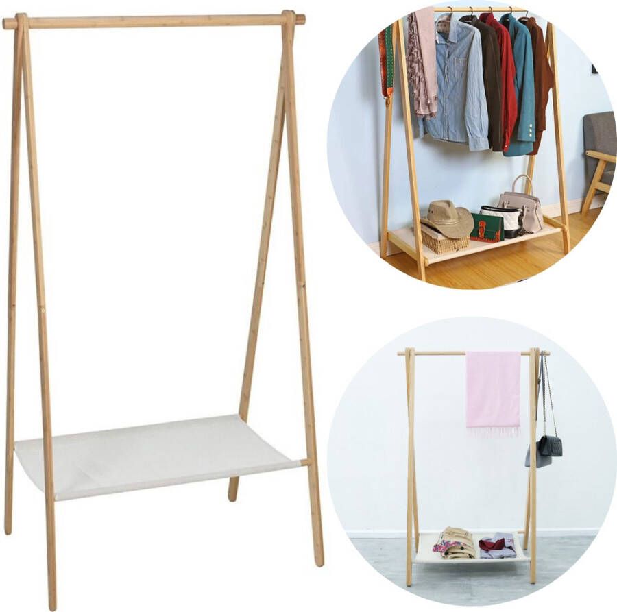 Relaxwonen Houten Kledingrek Kleerrek Kledingkast Met Houten Kledingstang en Oplegplank Schoenenplank 155x86x57cm