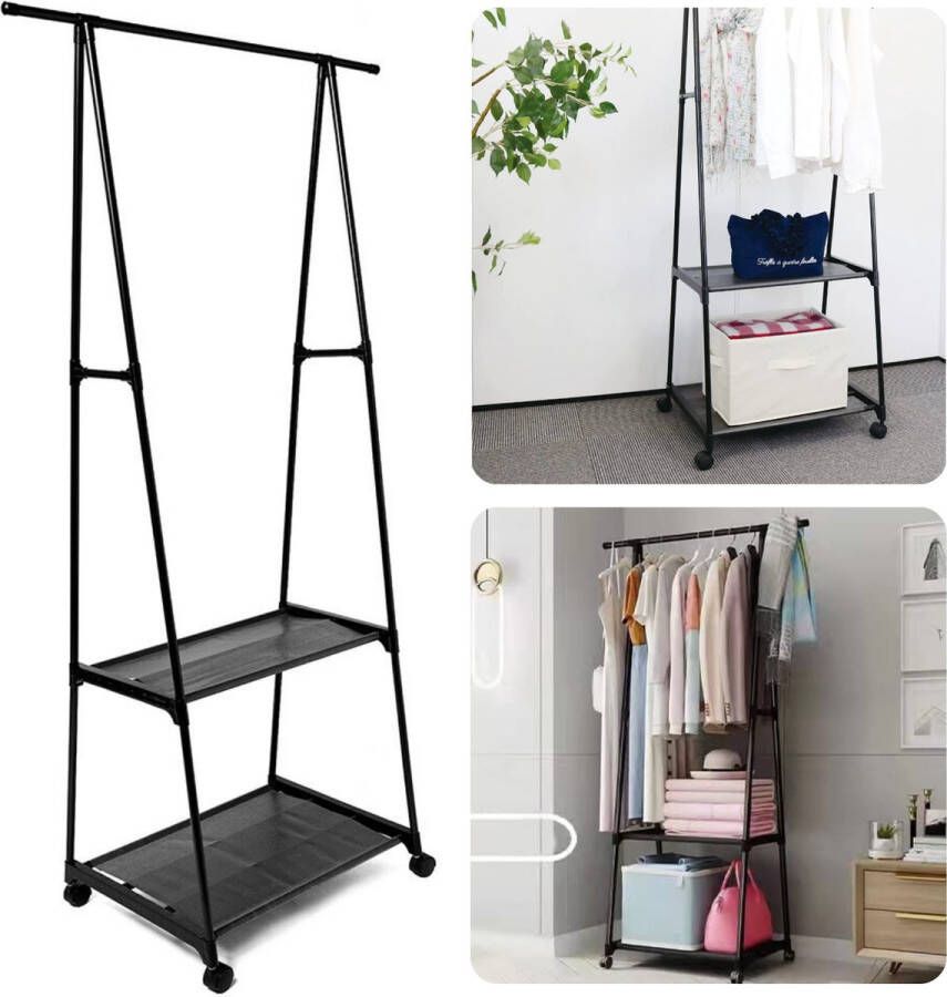 Cheqo Kledingrek met 2 Planken Zwart 55-85 x 45 x 157 cm 4 Zwenkwielen Kunststof Verbindingsstukken Polyester Schoenenrek Kledingkast Klerenkast Garderobekast Staand Kledingrek op Wieltjes Kledingrek met Schoenenrek