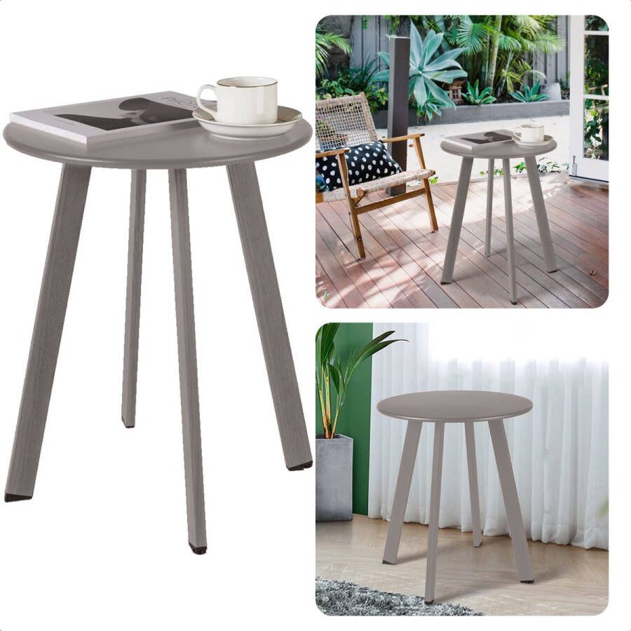 Cheqo Metalen Tafel Bijzettafel Tuintafel Nachtkastje Tafeltje voor Binnen en Buiten 40 cm Diameter 49 cm Hoogte Gepoedercoat Mat Taupe 50 kg Draagvermogen