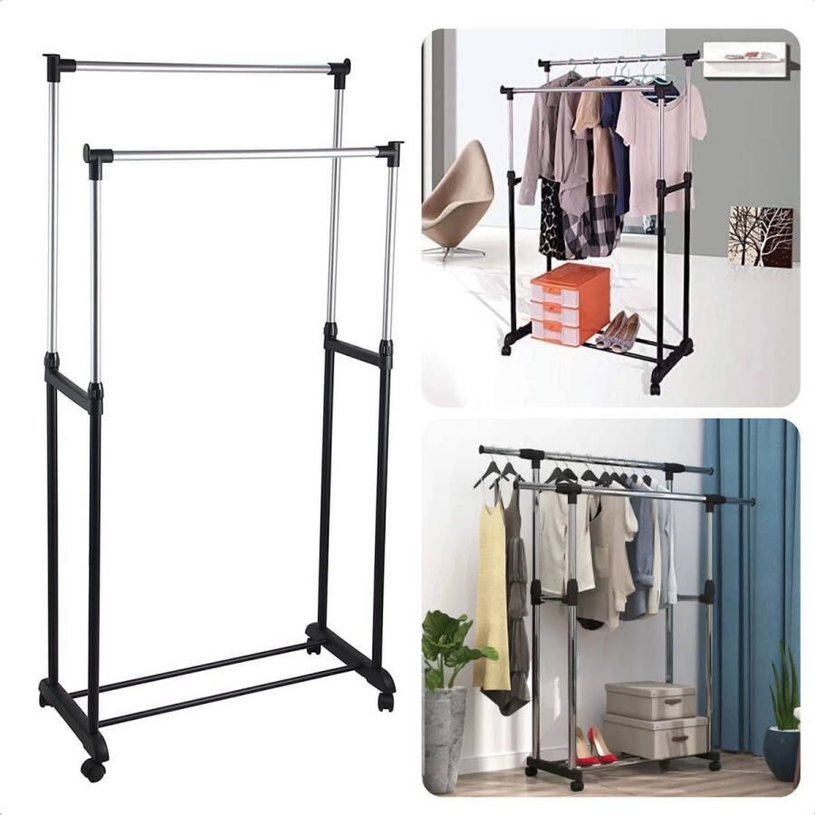 Cheqo Mobiel Dubbel Kledingrek op Wielen Verrijdbaar Kledingrek 86x42x170cm Garderobekast Kapstok Verstelbare Hoogte Default Title
