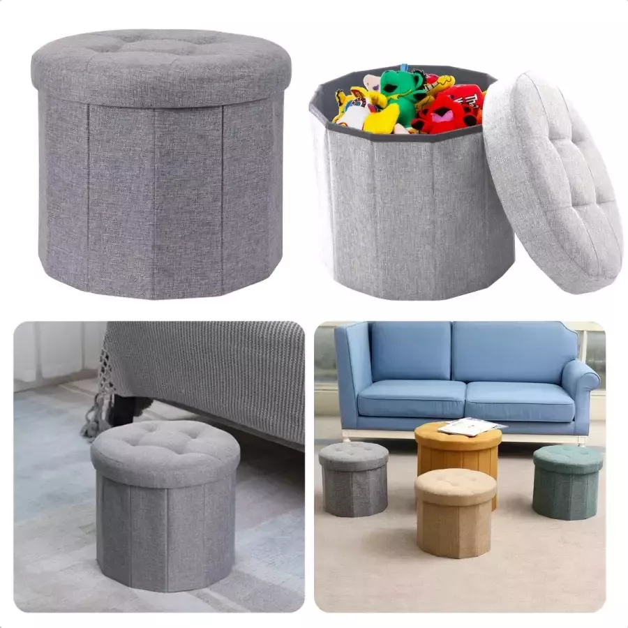 Cheqo Poef met Opbergruimte Ø 45 cm x H 39 cm 62 Liter Opbergbox Polyester Ruimtebesparend Voetenbank Krukje Decoratie Eenvoudig in elkaar te zetten Opberg Poef Grijs