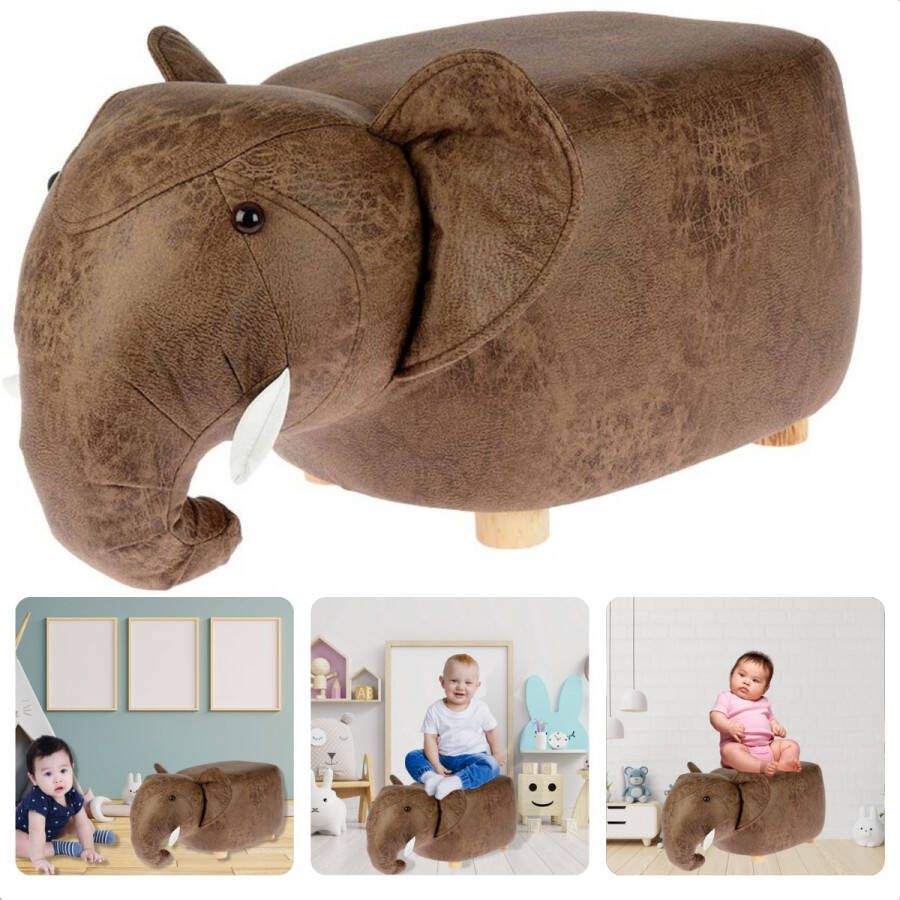 Cheqo Poef Olifant Zitpoef Kinderkruk Voetenbank 65x37cm Kunstleer & Hout Extra Zitplaats Accessoire Woon- & Slaapkamer