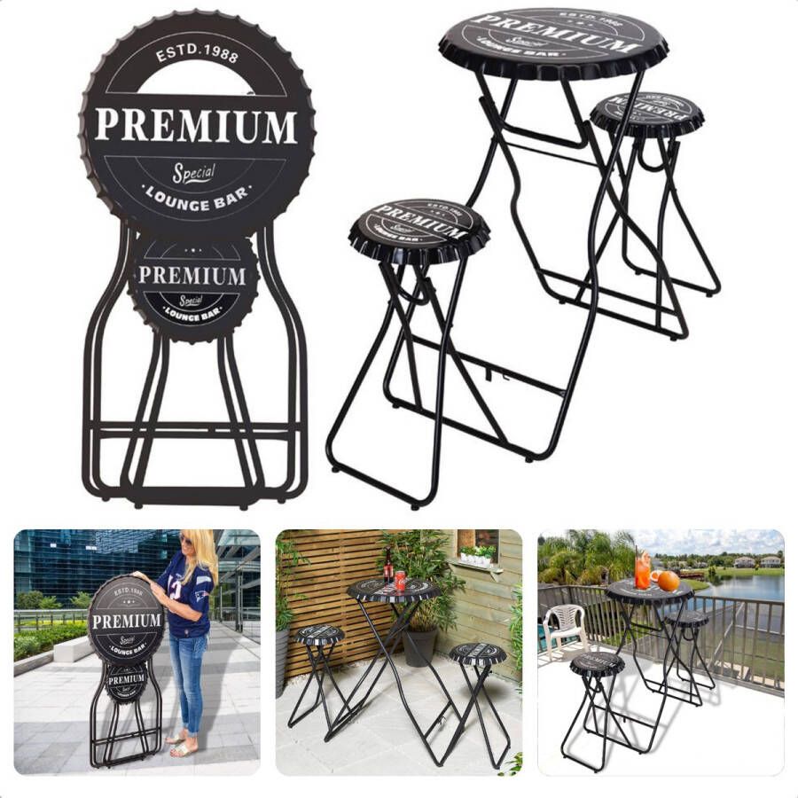 Cheqo Premium Statafel Set Statafel & 2 Stoelen Bartafel met Krukken Zwart 101cm x 60cm Opklapbaar Tuin- & Homeparty Bartafel Sta Tafel