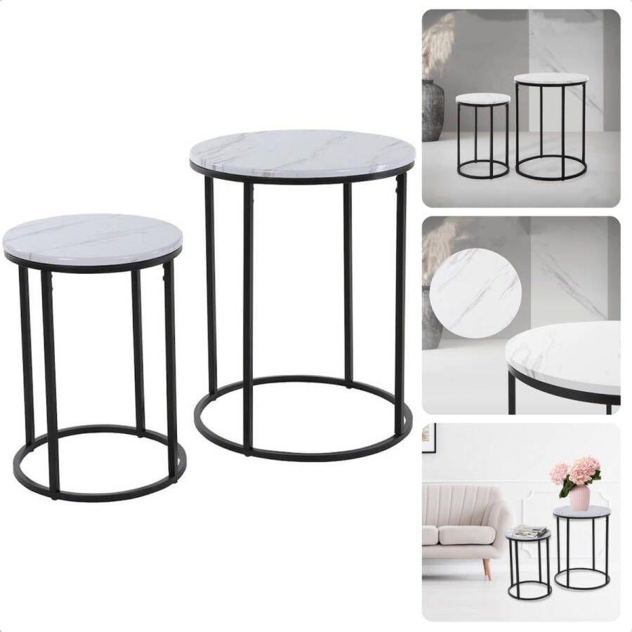 Ronde Salontafel Set met Metalen Frame Mdf-Melamine Marmerlook Marmer Print Wit Set van 2 40xH50 cm & 30xH40 cm Bijzettafel Tafeltje Inclusief EBOOK