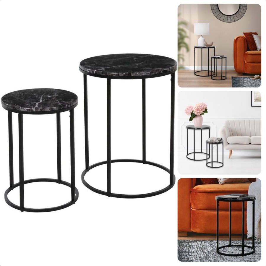 Cheqo Ronde Salontafel Set met Metalen Frame Mdf-Melamine Marmerlook Marmer Print Zwart Set van 2 40xH50 cm & 30xH40 cm Bijzettafel Tafeltje