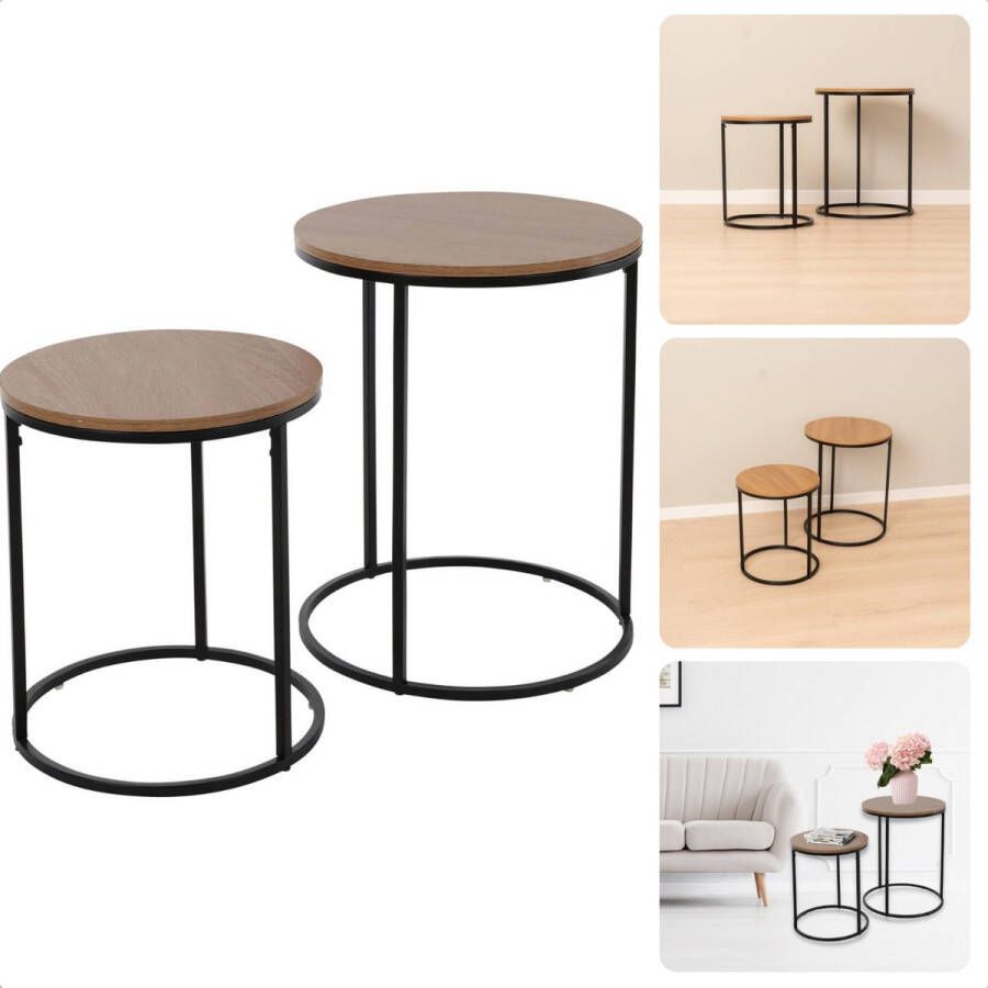 Cheqo Ronde Salontafel Set met Metalen Frame -Pinewood Grenen Set van 2 40xH50 cm & 30xH40 cm Bijzettafel Tafeltje