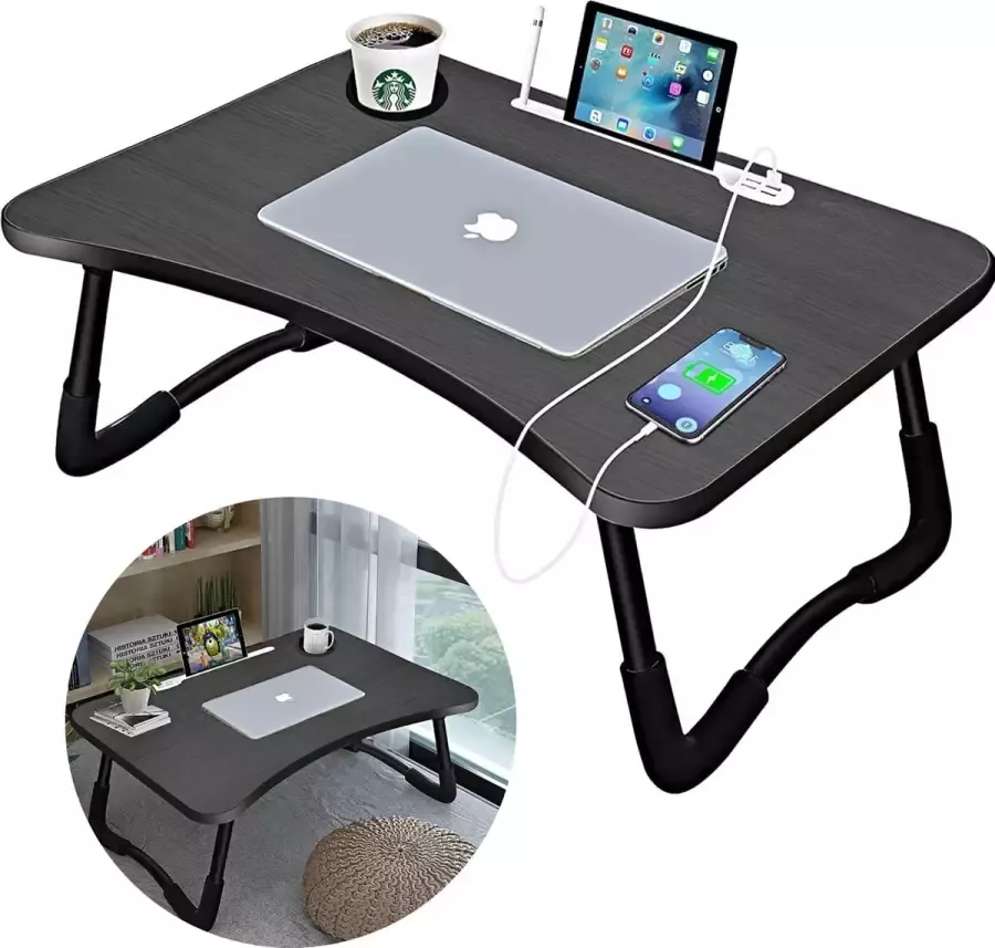 Cheqo Stevige Bedtafel Thuiswerken Inklapbaar Schootbureau Banktafel Bedtafel Laptopstandaard Laptoptafel Ontbijt op Bed Met 4 USB Poorten Met Bekerhouder en Tablethouder 60x40x27cm Grijs