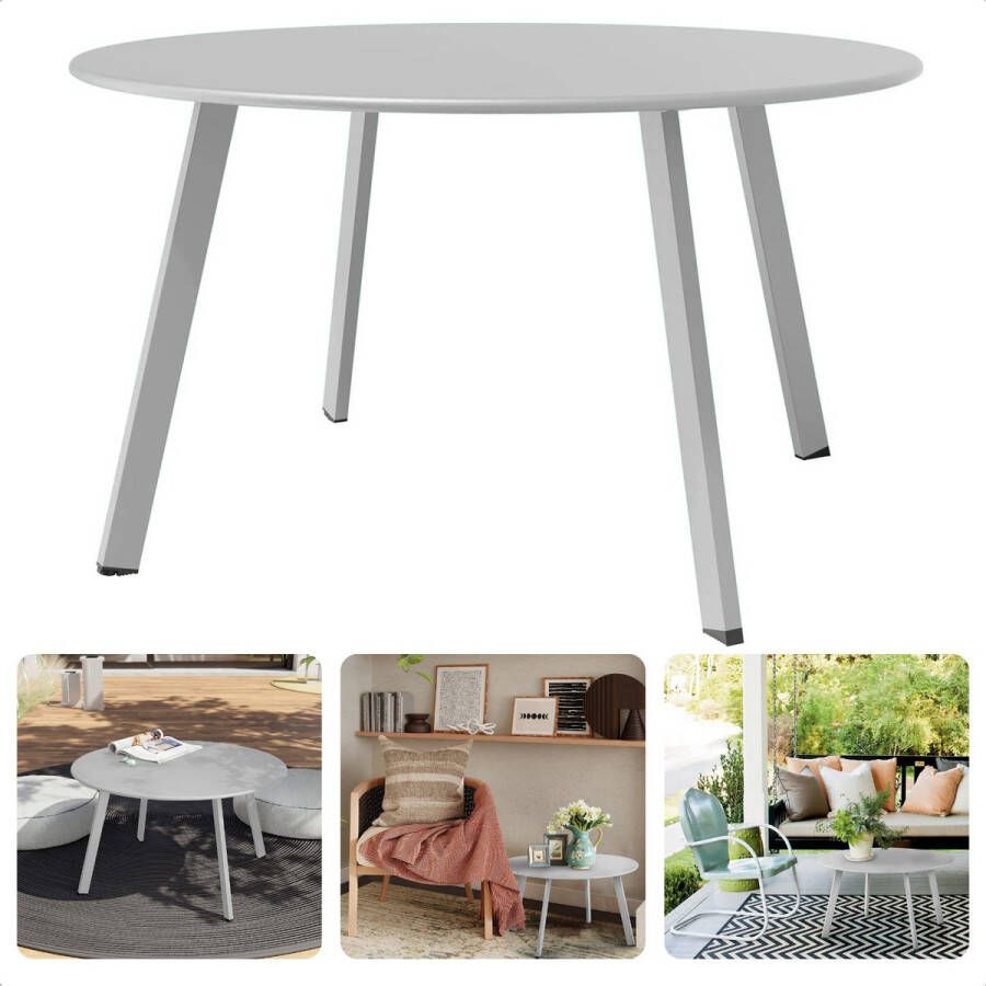 Cheqo Tafel voor Loungeset Metaal (Gepoedercoat) Mat Lichtgrijs Diameter 70 cm Hoogte 40 cm Draagvermogen 50 kg Tafeltje voor Binnen of Buiten Tuintafel Bijzettafel