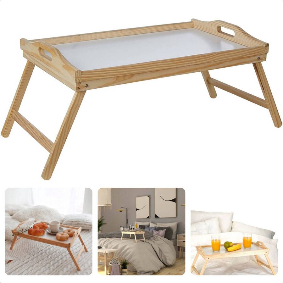 Cheqo Uitklapbaar Houten Dienblad Bedtafel Laptoptafel Ontbijt op Bed 50cm x 30cm Grenenhout Wit Lakboard 24cm Hoog Voor Op Bed