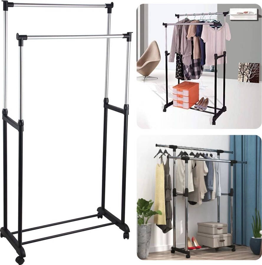 Cheqo Verrijdbaar Kledingrek op Wieltjes Kledingrek met Wielen Garderoberek 81x41x169cm