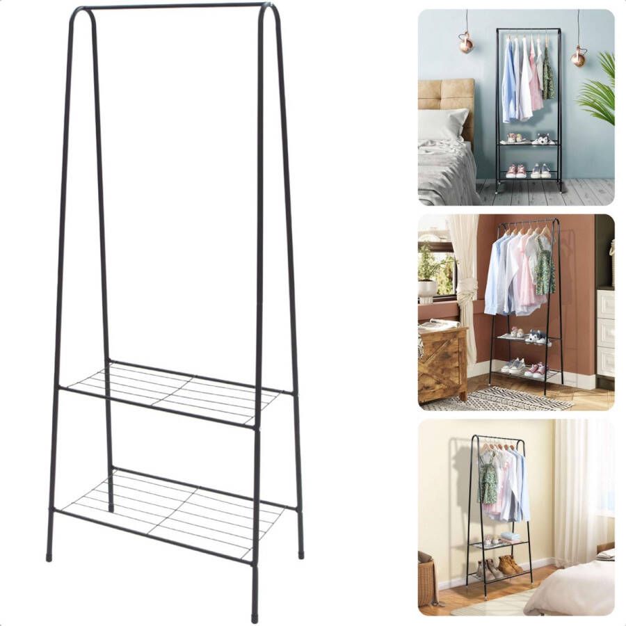 Cheqo Zwart Metalen Kledingrek met Schoenenrek Kledingstang Ruimtebesparend Ontwerp Schoenopslag Stijlvol en Functioneel 152 cm Lichtgewicht Inclusief EBOOK