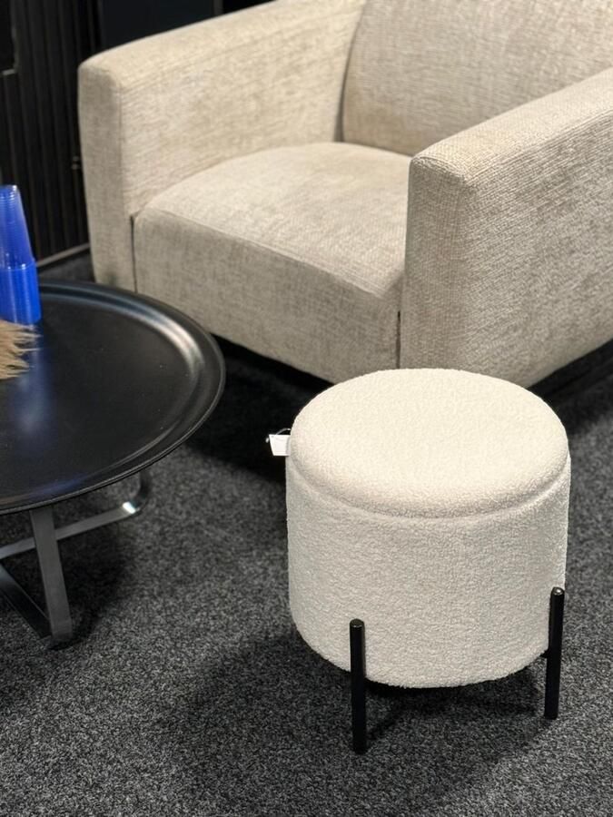 Cherchie TuttoBello Luxe Ronde Poef met vier zwarte metalen poten Met opbergruimte Voetenbank met opbergruimte Zitkist met deskel Wit Stof 30 x 31 cm