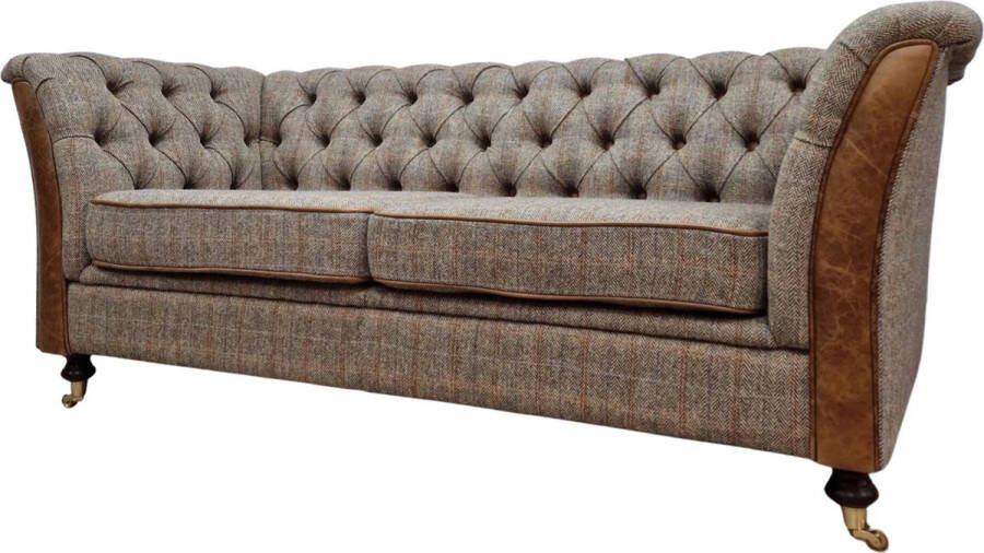 Chesterfield 2 5 zits bank Stof Harris Tweed schapenwol Cognac leer