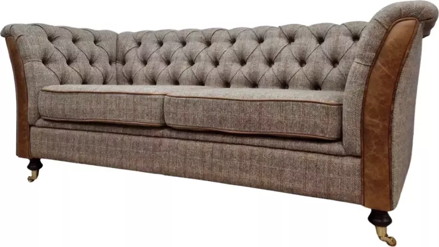 Chesterfield 2 5 zits bank Stof Harris Tweed schapenwol Cognac leer