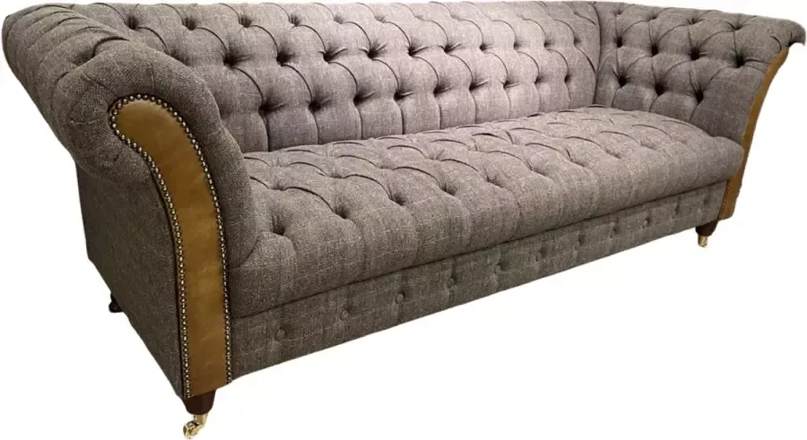 Chesterfield 3 zits bank stof Harris Tweed met Cognac leer