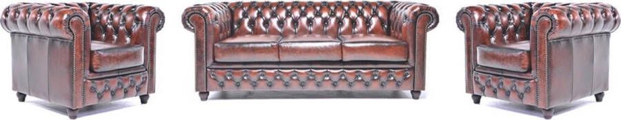 Chesterfield Bank Original Leer 1 + 1 + 3 zits Antiek Groen| 12 jaar garantie