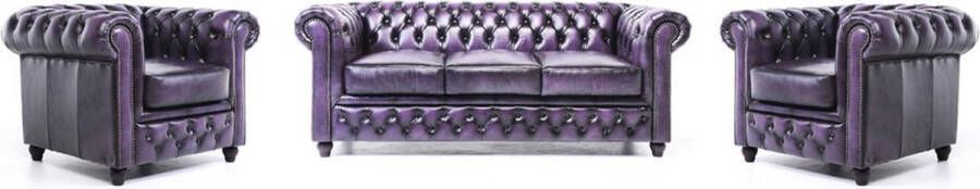 Chesterfield Bank Original Leer 1 + 1 + 3 zits Antiek Paars| 12 jaar garantie