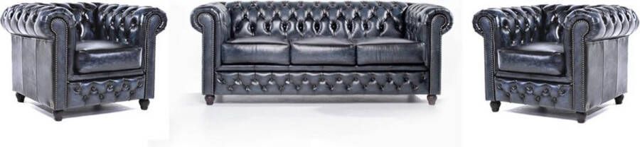 Chesterfield Bank Original Leer 1 + 1 + 3 zits Zwart| 12 jaar garantie