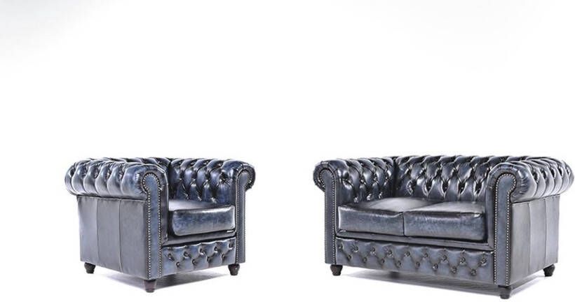 Chesterfield Bank Original Leer 1 + 2 zits Antiek Blauw| 12 jaar garantie