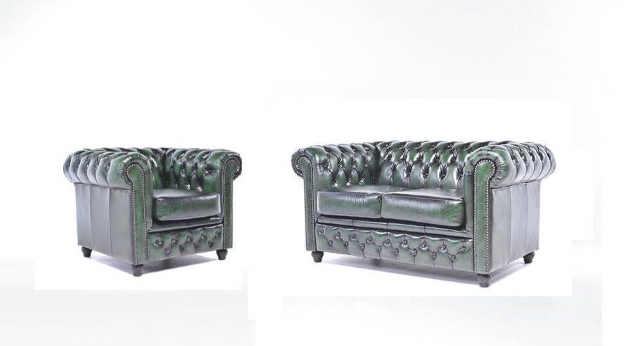 Chesterfield Bank Original Leer 1 + 2 zits Antiek Groen| 12 jaar garantie