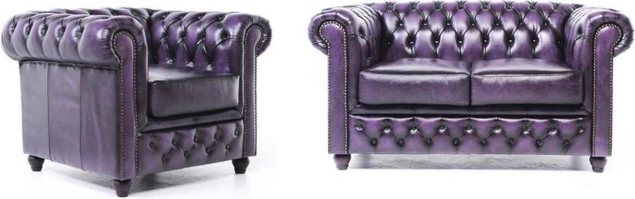 Chesterfield Bank Original Leer 1 + 2 zits Antiek Paars| 12 jaar garantie