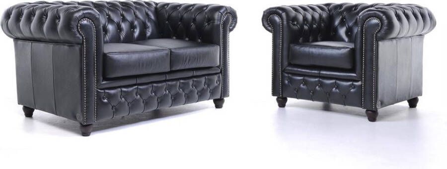 Chesterfield Bank Original Leer 1 + 2 zits Zwart| 12 jaar garantie
