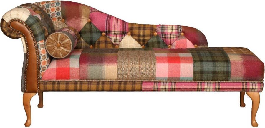 Chesterfield Chais Longue Daybed Multicolor Patchwork Stof met Cognac leer