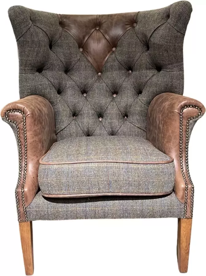 Chesterfield fauteuil Harris Tweed Wol met vintage leer Wing Chair