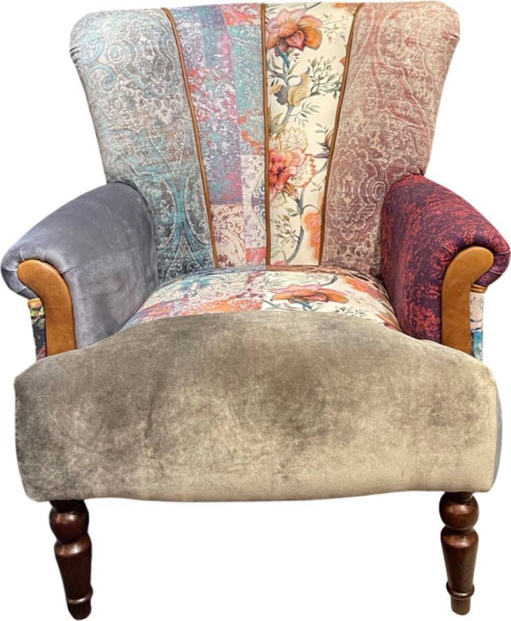 Chesterfield Multicolor Bloemmotief fauteuil Patchwork stof met cognac leer