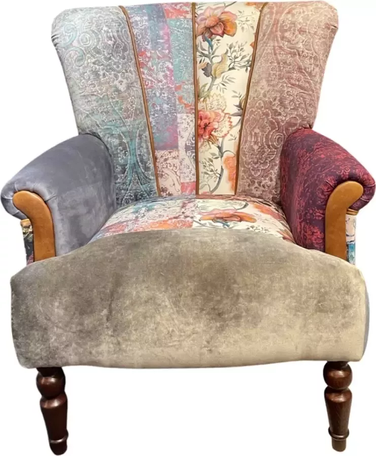 Chesterfield Multicolor Bloemmotief fauteuil Patchwork stof met cognac leer