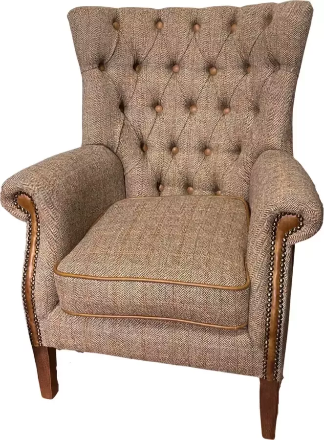 Chesterfield oor fauteuil Harris Tweed stof wol Wing chair met cognac leer