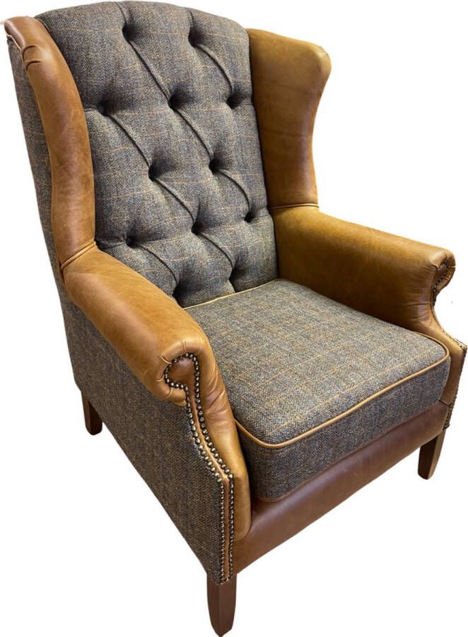 Chesterfield Oorfauteuil Harris Tweed Stof Cognac leer Moreland