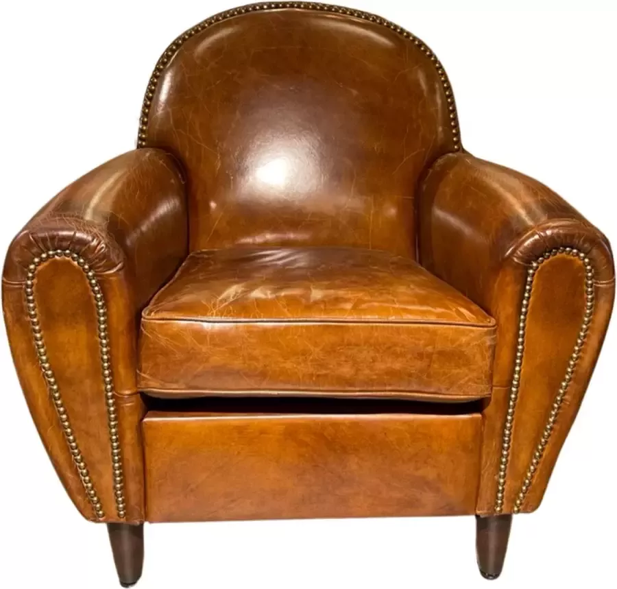 Chesterfield Vintage club fauteuil Cognac Art Deco Stijl 100% rundleer antiek look