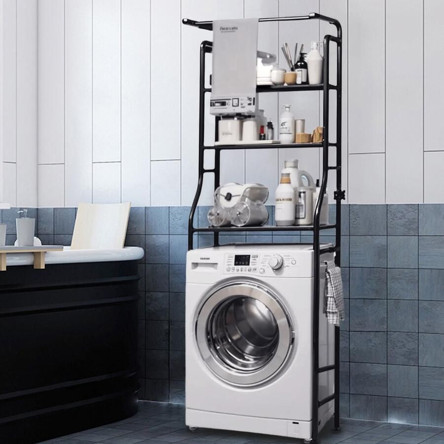 CHIWIN Badkamerrek met Handdoekhouder – Vrijstaand Wasmachine Rek met 3 Planken & 3 Haken – Metaal – Zonder Boren – Ruimtebesparend – 161x66 cm – WC Rek & Opbergmeubel