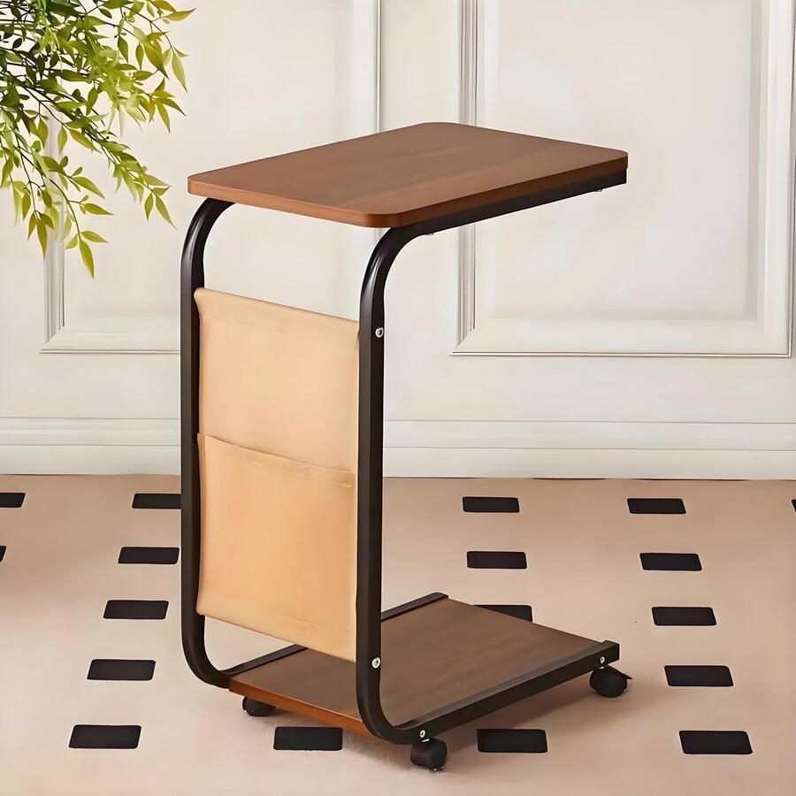 CHIWIN Bedtafeltje met Wieltjes Kleine Laptoptafel Banktafel Bijzettafel C-vorm Vormige Dubbele Opbergplank Industrieel Metaal Frame Mobiel & Lichtgewicht Bedtafel Verrijdbaar voor Woonkamer Slaapkamer Walnootlook