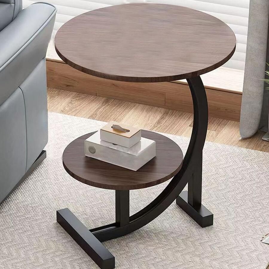 CHIWIN Bijzettafel Bijzettafeltjes Rond Laptoptafel Nachtkastje Dubbele Planken ontwerp Hout Metaal Stevige poten voor Woonkamer Slaapkamer Eenvoudige Montage 40 x 40 x 60 cm Walnoot houtlook